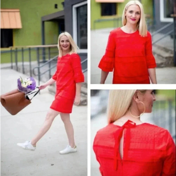 JCrew Eyelet Shift Dress Flutter Sleeve Mini Red - Picture 4 of 11